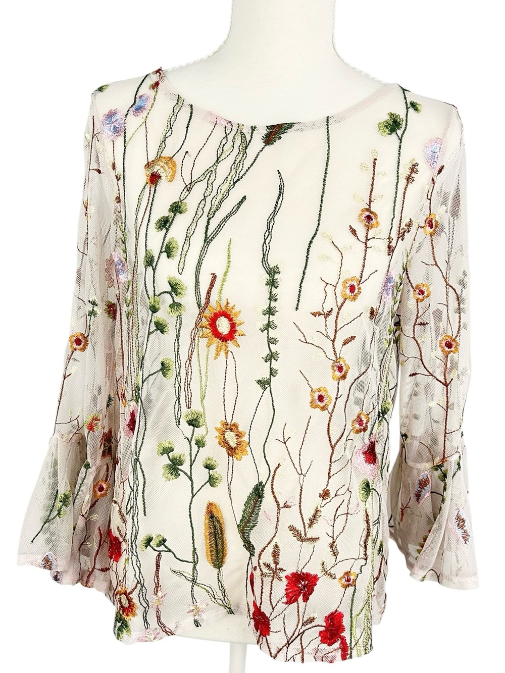 Cynthia Rowley Embroidered Mesh Floral Bell Sleeve Blouse Top L